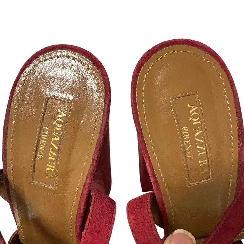 Aquazzura Mira Red Suede Platform Heels IT 37.5 US 7.5 Block Slingback Sandals